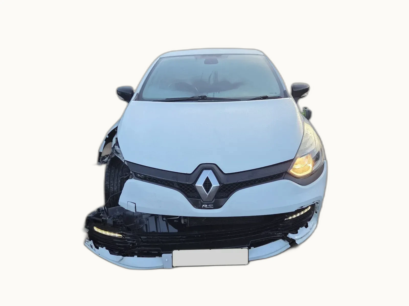Pale blue Renault Clio RS with front bumper torn away and offside headlight assembly damaged, exposing the inner front structure