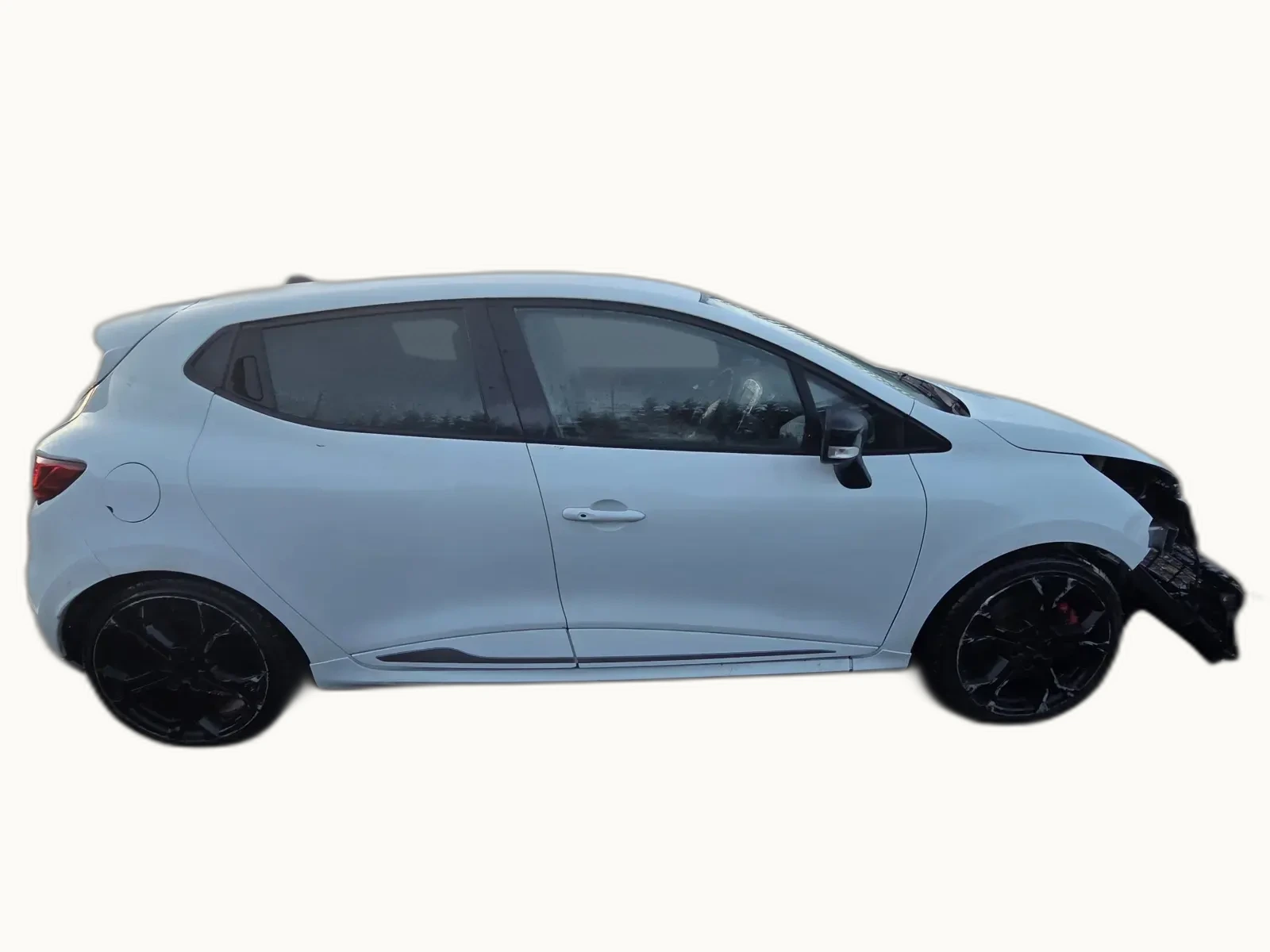 Pale blue Renault Clio RS photographed in profile from the offside, with visible structural damage to the front offside corner